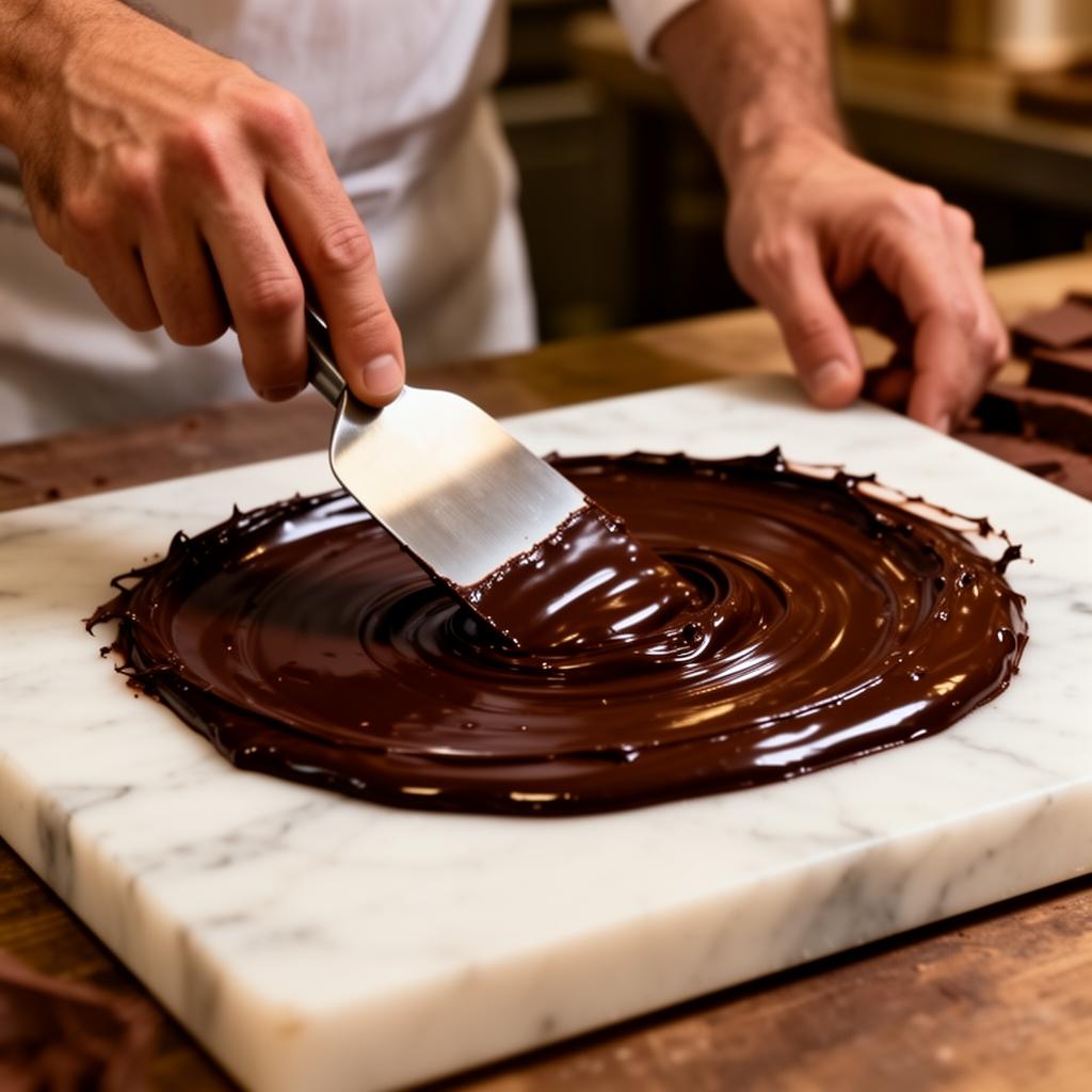 Templado de chocolate sobre placa de mármol