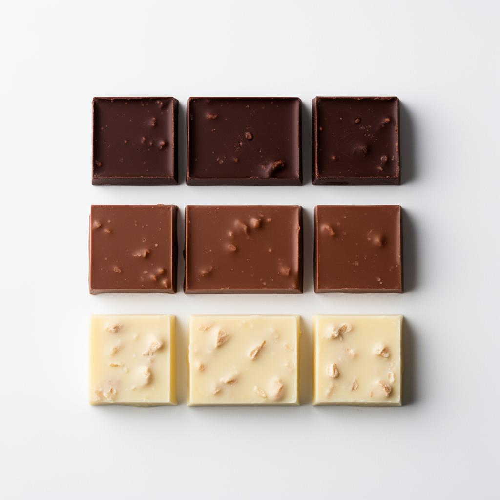 Cuadrados de chocolate negro, con leche y blanco sobre fondo blanco